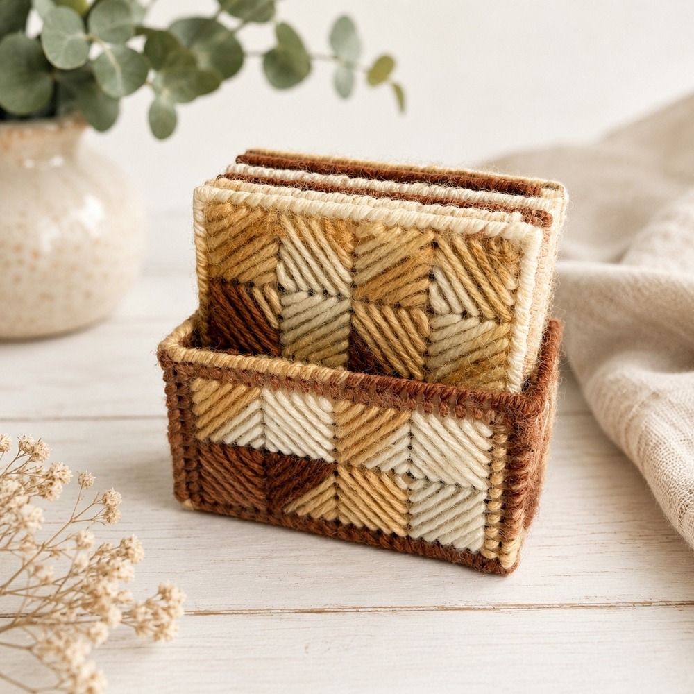 Vintage Handmade Plastic Canvas Coaster Set 7pc‎ Brown Tan Geometric Boho Decor